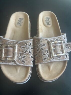 Corkys Gold Metallic Floral Buckle Slide Sandals
